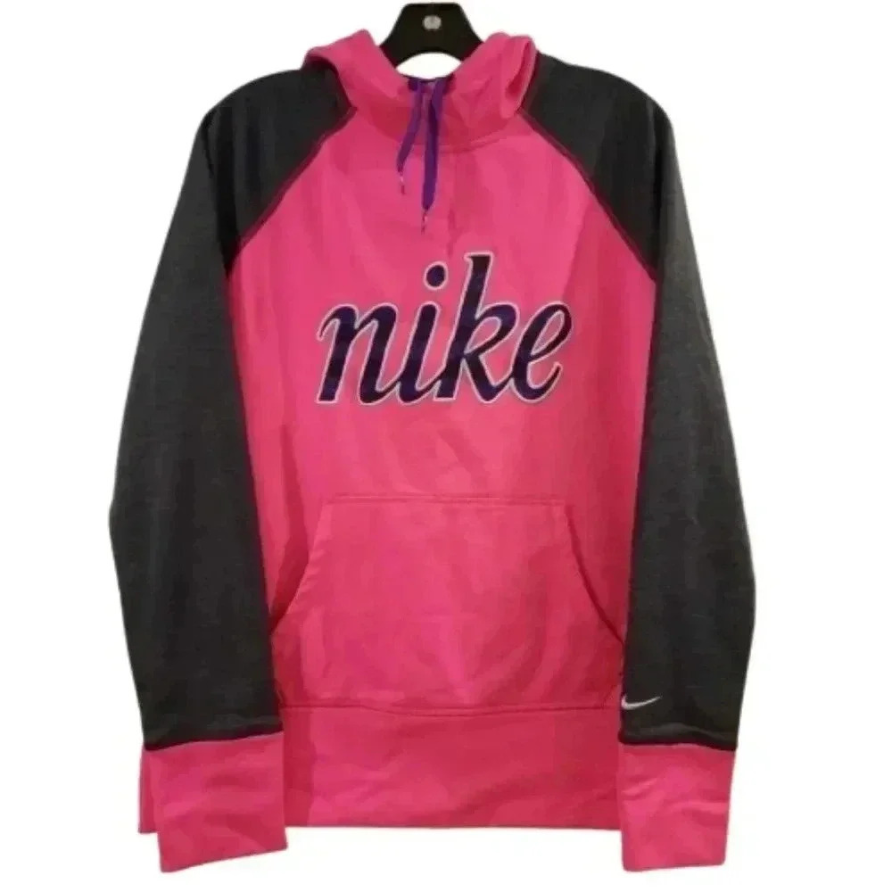 Nike Therma-FIT Girls Hoodie Pink Black Logo Pullover Youth Athletic Sweatshirt